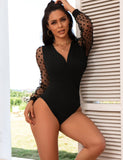 Black Sexy Deep V Neck Polka Dot Mesh Long Sleeves Open Crotch Bodysuit