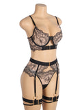 Black Sexy Egypt Mesh Embroidery Lace Garter Bra Set