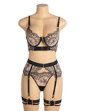 Black Sexy Egypt Mesh Embroidery Lace Garter Bra Set