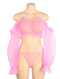 Pink Sexy See Through Mesh Metal Chain Long Sleeves Lingerie Egypt Set