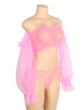 Pink Sexy See Through Mesh Metal Chain Long Sleeves Lingerie Egypt Set