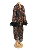 Sexy Leopard Print Chiffon Feather Long Robe Egypt With Belt