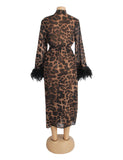 Sexy Leopard Print Chiffon Feather Long Robe Egypt With Belt