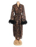 Sexy Leopard Print Chiffon Feather Long Robe Egypt With Belt