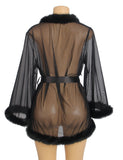 Sexy Mesh Mink Fur Trim Short Robe Egypt With Belt