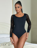 Sexy Swim Cloth Lace Sleeves Round Neck Open Crotch Bodysuit