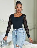 Sexy Swim Cloth Lace Sleeves Round Neck Open Crotch Bodysuit