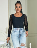 Sexy Swim Cloth Lace Sleeves Round Neck Open Crotch Bodysuit