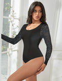 Sexy Swim Cloth Lace Sleeves Round Neck Open Crotch Bodysuit