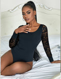 Sexy Swim Cloth Lace Sleeves Round Neck Open Crotch Bodysuit