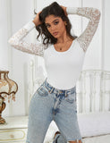 Sexy Swim Cloth Lace Sleeves Round Neck Open Crotch Bodysuit