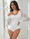 Sexy Swim Cloth Lace Sleeves Round Neck Open Crotch Bodysuit