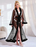 Sexy Mesh Imitation Mink Fur Trim Long Robe Egypt With Belt Lingerie