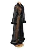 Sexy Egypt Mesh Imitation Mink Fur Trim Long Robe With Belt