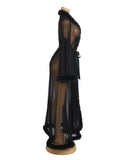 Sexy Egypt Mesh Imitation Mink Fur Trim Long Robe With Belt