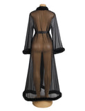 Sexy Mesh Imitation Mink Fur Trim Long Robe Egypt With Belt Lingerie