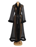 Sexy Mesh Imitation Mink Fur Trim Long Robe Egypt With Belt Lingerie