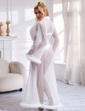 Sexy Mesh Imitation Mink Fur Trim Long Robe Egypt With Belt Lingerie