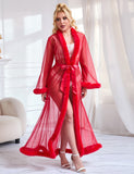 Sexy Mesh Imitation Mink Fur Trim Long Robe Egypt With Belt Lingerie