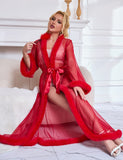 Sexy Mesh Imitation Mink Fur Trim Long Robe Egypt With Belt Lingerie