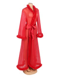 Sexy Egypt Mesh Imitation Mink Fur Trim Long Robe With Belt