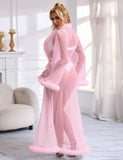 Sexy Mesh Imitation Mink Fur Trim Long Robe Egypt With Belt Lingerie