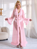 Sexy Mesh Imitation Mink Fur Trim Long Robe Egypt With Belt Lingerie