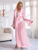 Sexy Mesh Imitation Mink Fur Trim Long Robe Egypt With Belt Lingerie