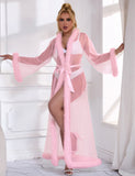 Sexy Mesh Imitation Mink Fur Trim Long Robe Egypt With Belt Lingerie