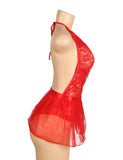 Red & Black sexy Lace Mesh Halter Neck Open Crotch Teddy Lingerie 2PCS Set