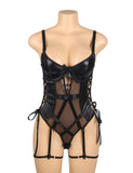 Black PU Leather Patchwork Mesh Waist Side Cutout Sexy Egypt Bodysuit