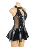 Black Wet-Look Halter Neck Patent Leather Lace Garter Lingerie