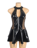 Black Wet-Look Halter Neck Patent Leather Lace Garter Lingerie