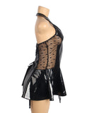 Black Wet-Look Halter Neck Patent Leather Lace Garter Lingerie