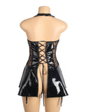 Black Wet-Look Halter Neck Patent Leather Lace Garter Lingerie