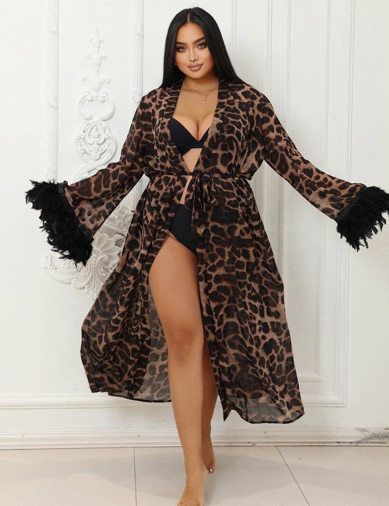 Sexy Leopard Print Chiffon Feather Long Robe Egypt With Belt