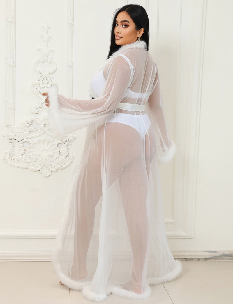 Sexy Mesh Imitation Mink Fur Trim Long Robe Egypt With Belt Lingerie
