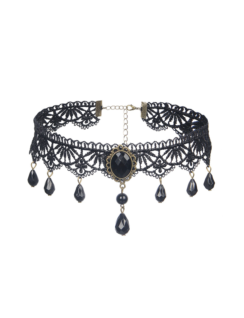 Black Vintage Lace Gemstone Bead Pendant Neckless