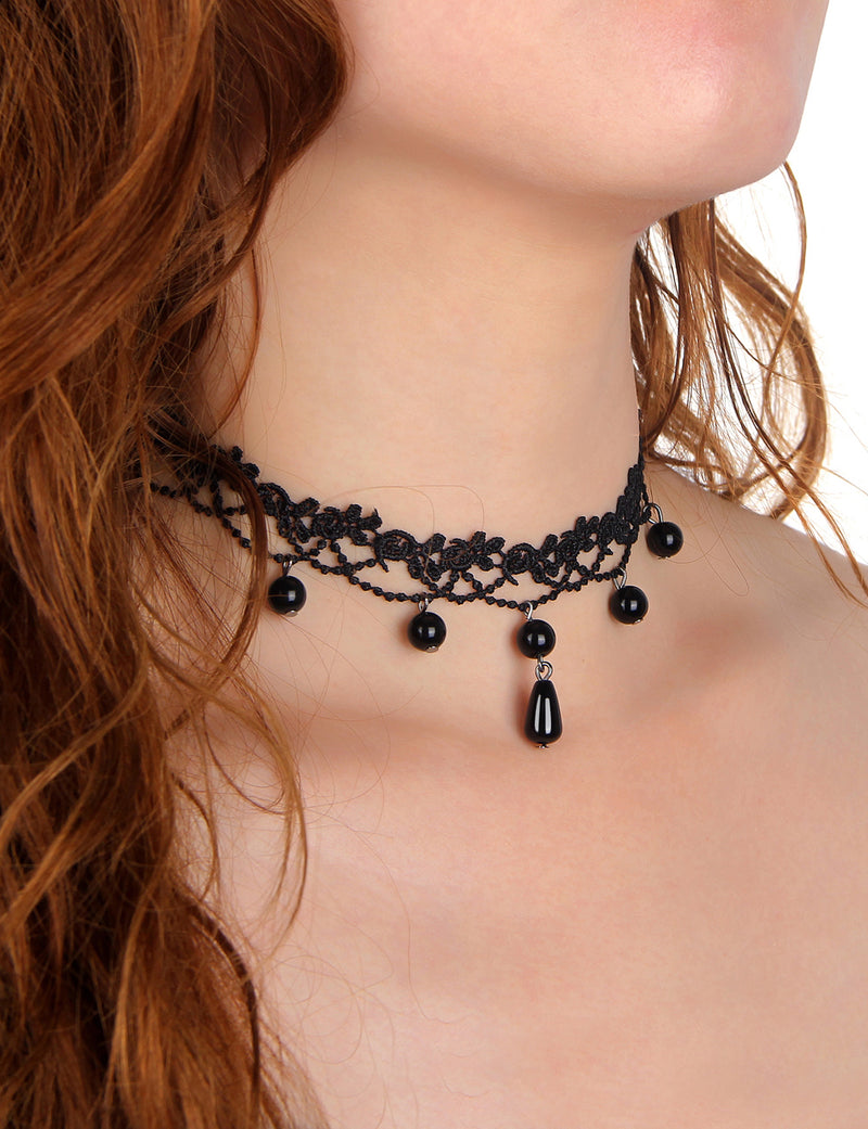 Black Sexy Lace Floral Bead Pendant Necklace