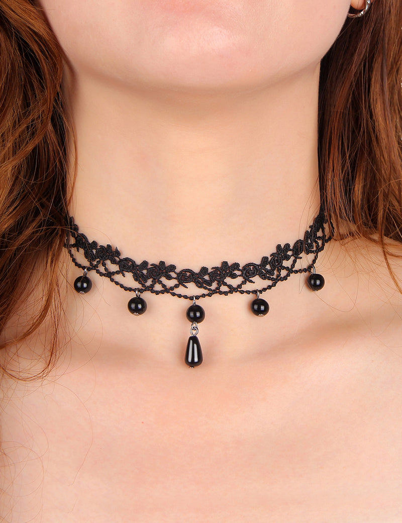 Black Sexy Lace Floral Bead Pendant Necklace