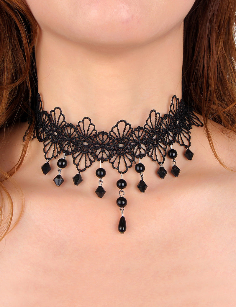 Black Sexy Hollow Lace Floral Bead Pendant Necklace