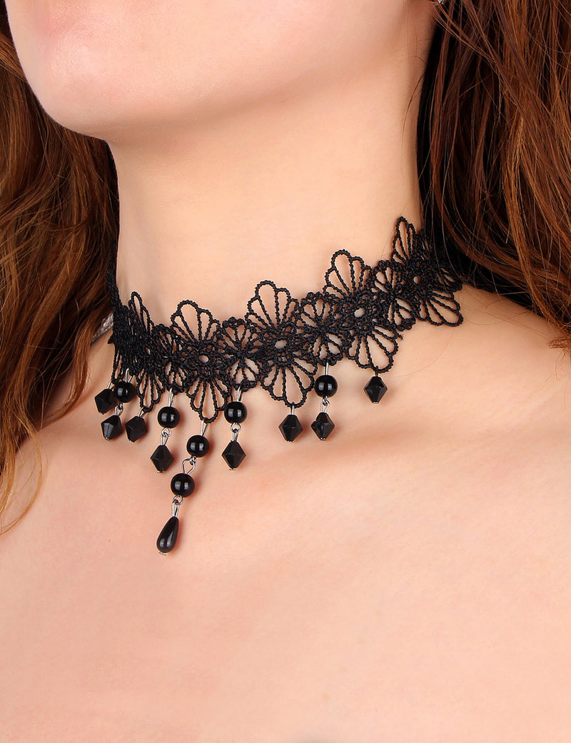 Black Sexy Hollow Lace Floral Bead Pendant Necklace