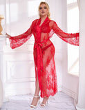 Sexy Egypt Lace Satin Mesh Long Nightgown With Belt