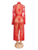 Red Sexy Egypt Lace Satin Mesh Long Nightgown With Belt
