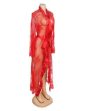 Red Sexy Egypt Lace Satin Mesh Long Nightgown With Belt