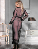 Sexy Mesh Eyelash Lace Long Nightgown with Belt