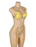 Sexy Egypt Mesh Embroidery Floral Lace Bra Set with Garter Leg Rings