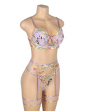 Sexy Egypt Mesh Embroidery Floral Lace Bra Set with Garter Leg Rings