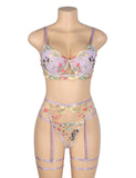 Sexy Egypt Mesh Embroidery Floral Lace Bra Set with Garter Leg Rings