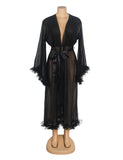 Sexy Mesh Ruffled Long Robe With Belt